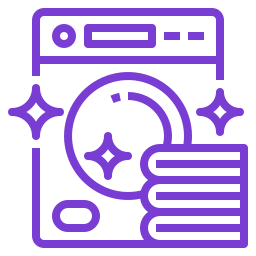 A purple line icon of a sparkling clean washing machine with folded laundry, symbolizing fresh and tidy clothes.